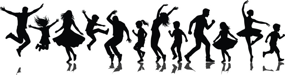 Obraz premium Black, silhouette, collection, of, happy, people, children, jumping, dancing, ballerina, running, friends, vector, reflection, isolated, white, background, set, line, illustration.