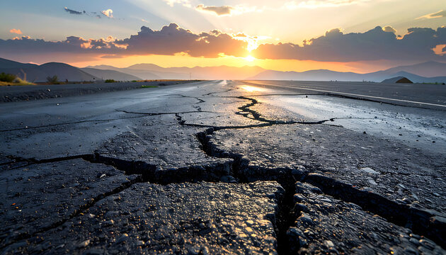 Cracked asphalt road at sunset with dramatic sun rays breaking through clouds over distant mountains