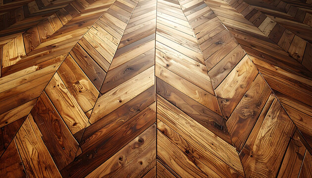 Detailed herringbone wood floor texture with warm lighting and a rustic feel, showing natural wood grain and nail heads