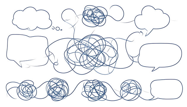 Communication breakdown concept, tangled lines connecting speech bubbles, symbolizing confusion and misunderstanding, dark blue outlines on white