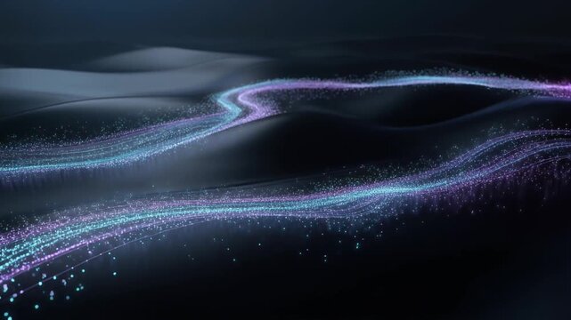 Abstract digital waves with glowing particles flowing over smooth dark surface in futuristic style