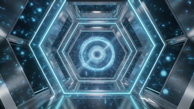 Futuristic glowing blue hexagonal tunnel with digital light effects and sci fi technology background