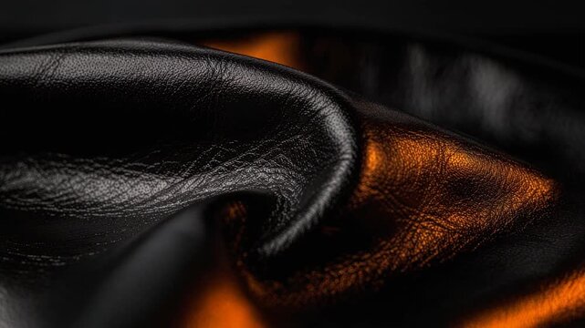 Close up of black leather texture with warm light reflections and detailed surface patterns