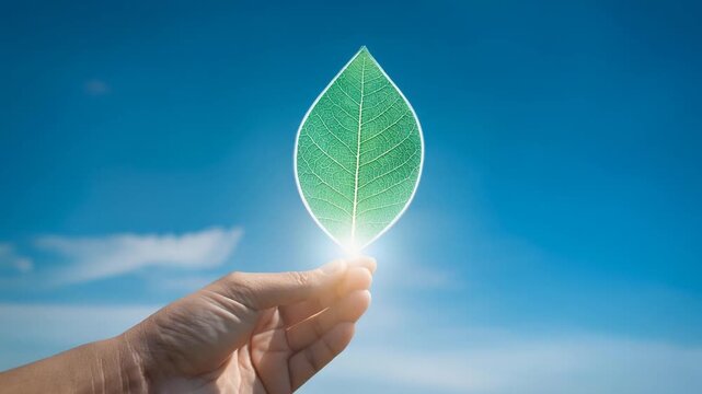 Hand holding a glowing green leaf against a bright blue sky symbolizing nature and environmental sustainability