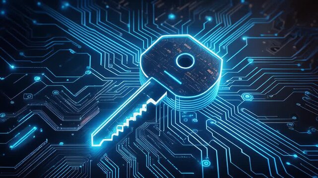 Digital security key glowing on futuristic circuit board technology background for cybersecurity concept