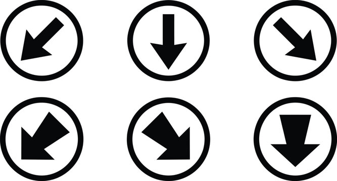 Set of black arrow icons pointing down and sideways in circular frames
