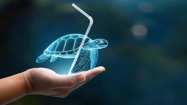 Conceptual image of sea turtle trapped in plastic straw highlighting ocean pollution and environmental protection