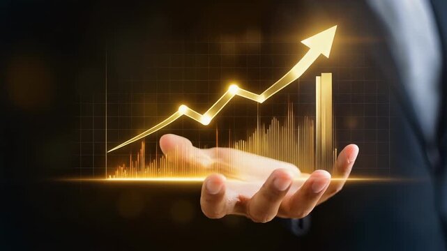 Business growth concept with glowing yellow rising arrow chart over open hand on dark background