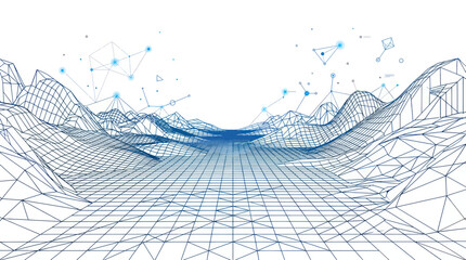 Abstract Digital Landscape with Wireframe Mountains and Network Nodes © gan