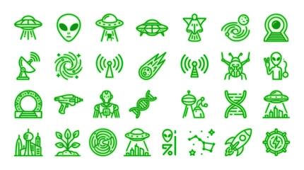 Alien Icons Set: UFOs, Aliens, Spaceships, Planets, Stars, DNA, Robots, Lasers © gan