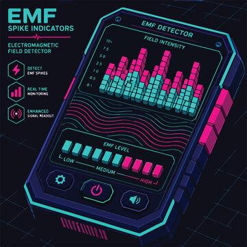 Illustration of an EMF detector device displaying spike indicators and field intensity levels, with glowing buttons and detailed interface elements