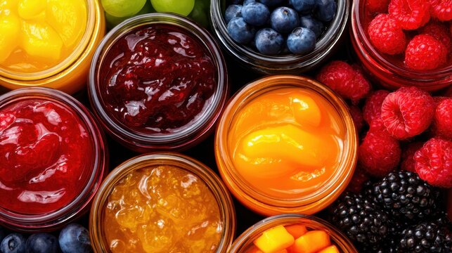 A vibrant array of fruit preserves in jars, showcasing various colors and textures
