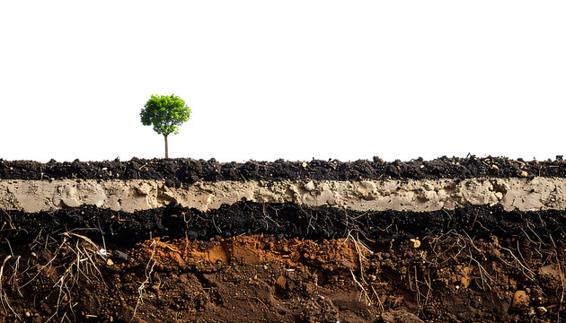Cross section of earth layers with a lone green tree growing on top, isolated on white background, natural growth concept