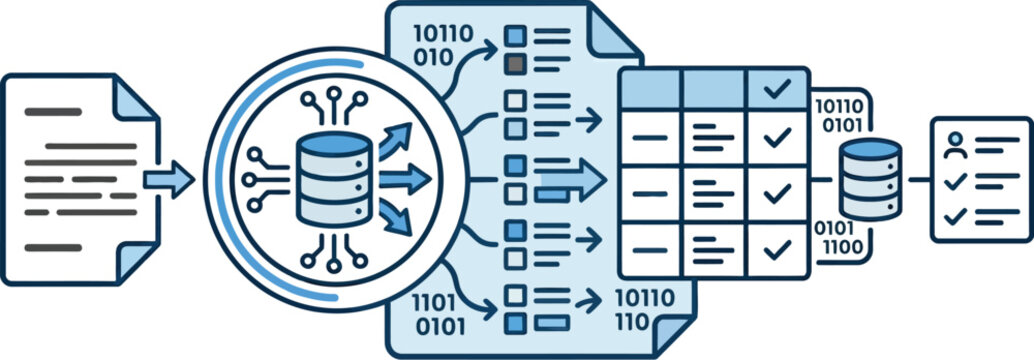 A detailed infographic illustrating the process of data migration and integration with binary code