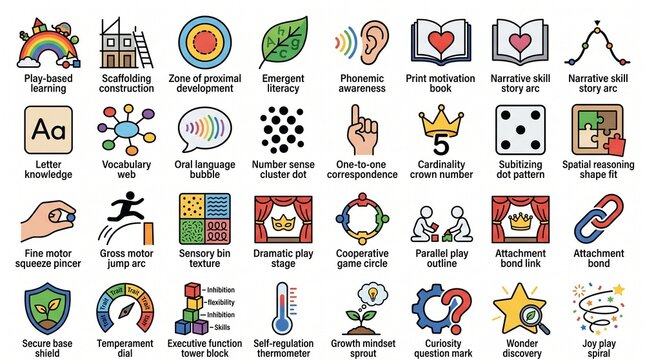Educational infographic icons representing early childhood development milestones and learning methods isolated on a white background.