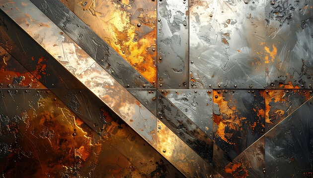Corrugated metal surface with rust and weathered texture, industrial background with diagonal lines and sparkling debris, abstract grunge effect