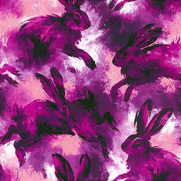 Purple hares in a block-print celtic puca seamless pattern