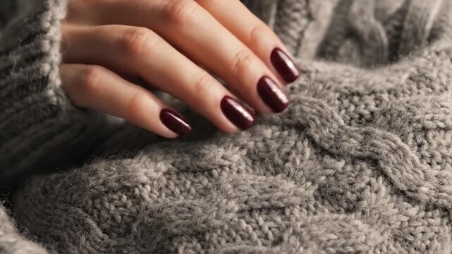 Woman hand with dark burgundy nail polish resting on a grey knit wool sweater