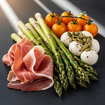 colorful vegetable and meat hybrid charcuterie board on a dark concrete surface. Highlight: Prosciutto di San Daniele and Charred Asparagus spears. Elements: Fine prosciutto ribbo