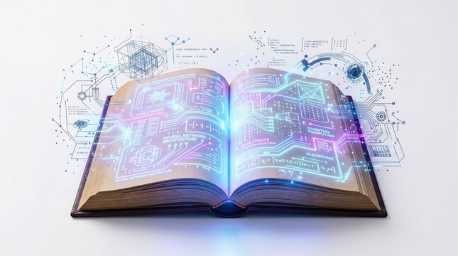 Digital Transformation, Open Book, Virtual Space, Illustration, Futuristic, Aerial View, Knowledge Exploration