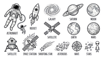 Space Exploration Icons: Astronauts, Planets, Rockets, Galaxy, Aliens © gan