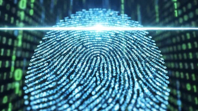 Digital fingerprint identification security concept with binary code background