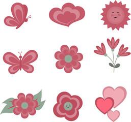 Obraz premium Retro Groovy Pink Floral and Heart Icons Vector Set