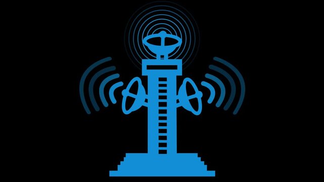 Stylized Radio Tower with Signal Waves Animation, Cellular Tower Broadcasting Signal Animation