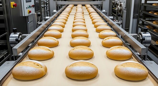 Industrial conveyor belt with rows of freshly baked bread moving through a bakery factory line