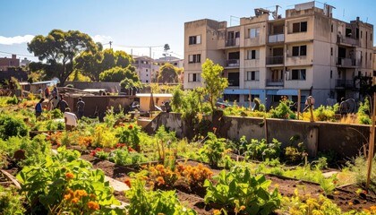 Obraz premium Flourishing community garden in urban setting with apartment buildings and blooming plants