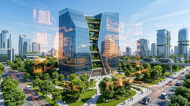 Stunning modern corporate building surrounded by green trees, overlaid with complex fiery orange holographic data networks and designs.