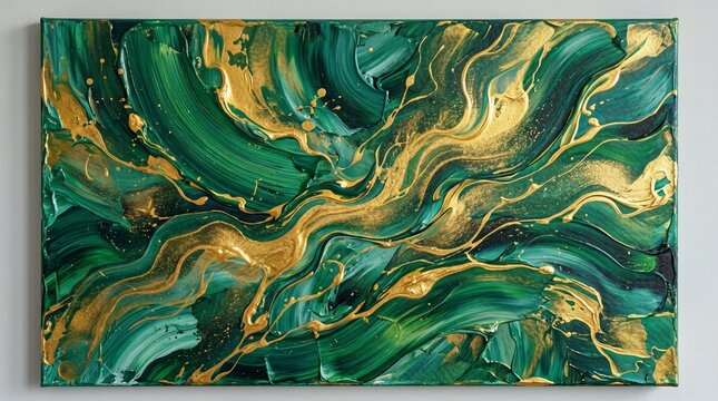 Emerald green and gold abstract acrylic painting on canvas, luxury fluid art with swirling marble texture, elegant malachite inspired wall art decor