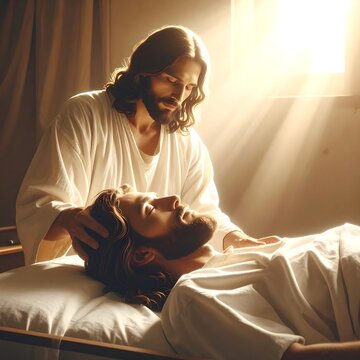 A man in a white robe gently touches another's face