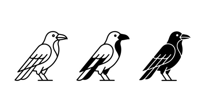 Three Raven Icons, Bird Vector Set, Black and White Silhouette Graphics