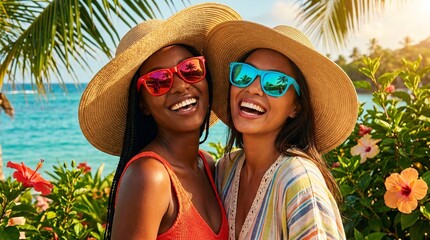 Obraz premium Two gorgeous women smiling brightly in summer hats and bright red and neon blue sunglasses, posing in a tropical location, highly detailed.