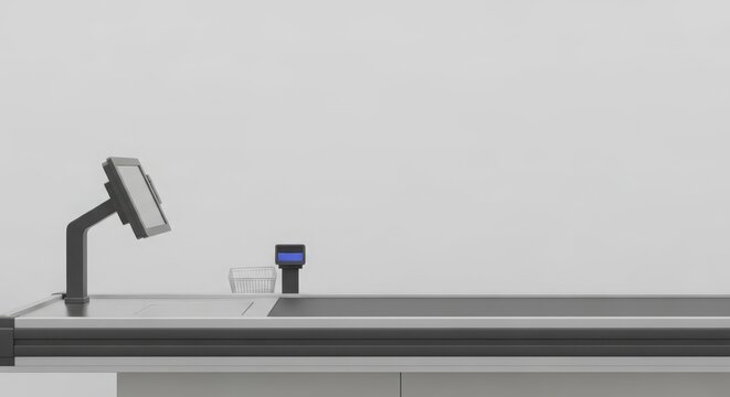 Minimalist supermarket checkout counter with scanner and conveyor belt, representing modern retail efficiency