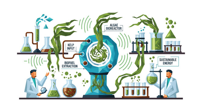 Professional scientists manage a complex algae bioreactor system with kelp samples and glassware in a laboratory setting featuring vivid green and blue color tones.