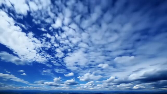 Dramatic blue sky with fluffy white clouds overhead perspective