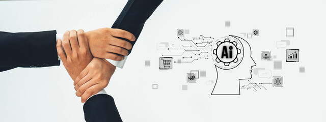 Obraz premium Diverse hands signify cooperation and partnership in a professional setting, showcasing the interplay between human effort and artificial intelligence with an illustrative concept. Trope