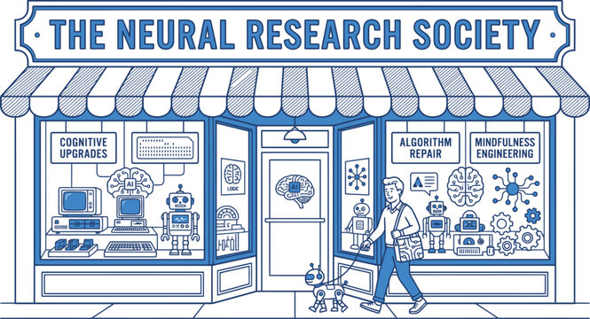 Neural Research Society Storefront with Scientist and Dog