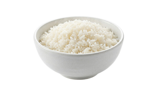 Steaming white rice served in a simple ceramic bowl, a staple food.