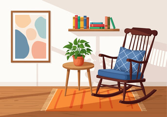Fototapeta premium Cozy reading corner with rocking chair and potted plant
