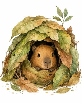 Emotional Support Animal Unbothered Therapy Shy Capybara Hiding in Leaf Cave for Safe Space, Watercolor Illustration for Introvert and Social Anxiety, Comfort Mental Health Art Isolated on White