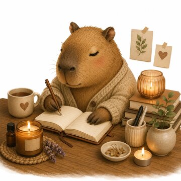 Emotional Support Animal Unbothered Therapy Capybara Journaling with Candle for Self Reflection, Watercolor Illustration for Mental Health Therapy, Emotional Processing Self Care Art Isolated on White