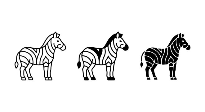 Three Zebra Vector Icons, Simple Line Art, Silhouette, and Filled Styles, African Wildlife Graphics