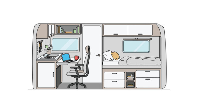 A cross-section view of a modern compact living space features a functional kitchen, an office workspace, and a bed within a minimalist, line-drawn interior design layout.