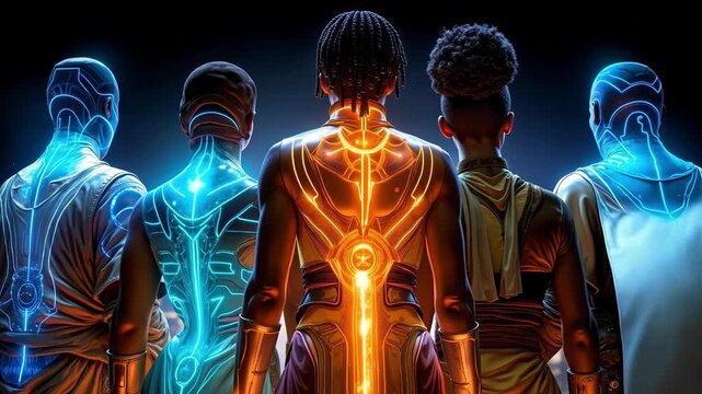 Group of futuristic people seen from behind with glowing neon circuit patterns on their skin