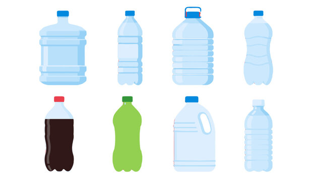 Set of plastic bottles and containers in flat vector style