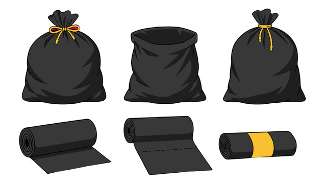 Set of black trash bags and garbage bag rolls vector illustration