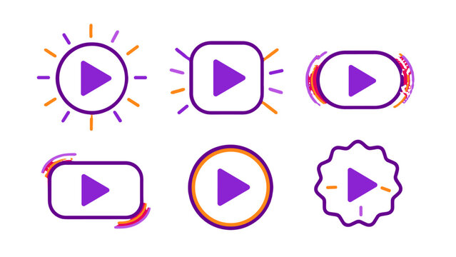 Set of colorful play button icons in rounded outline shapes
